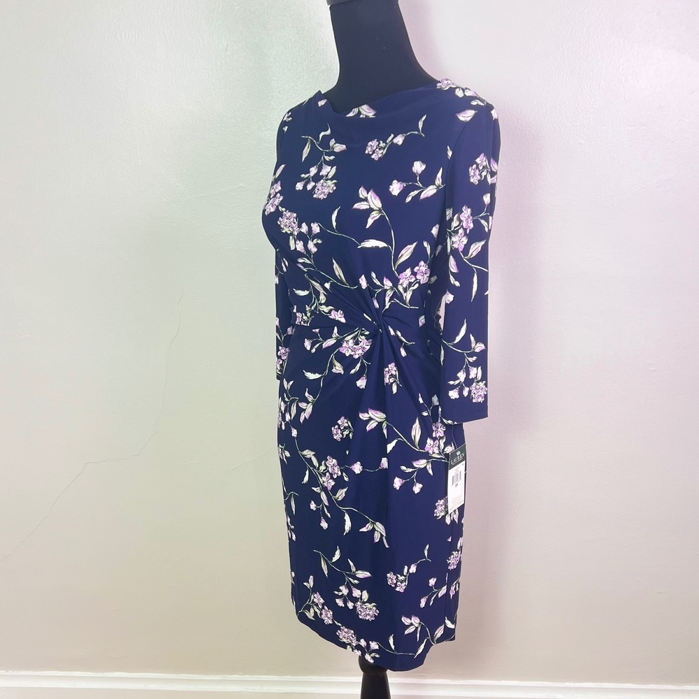 NWT-$125 Lauren Ralph Lauren Floral Sheath Dress 4P Navy Boat Neck 3/4 Sleeve - Picture 2 of 12